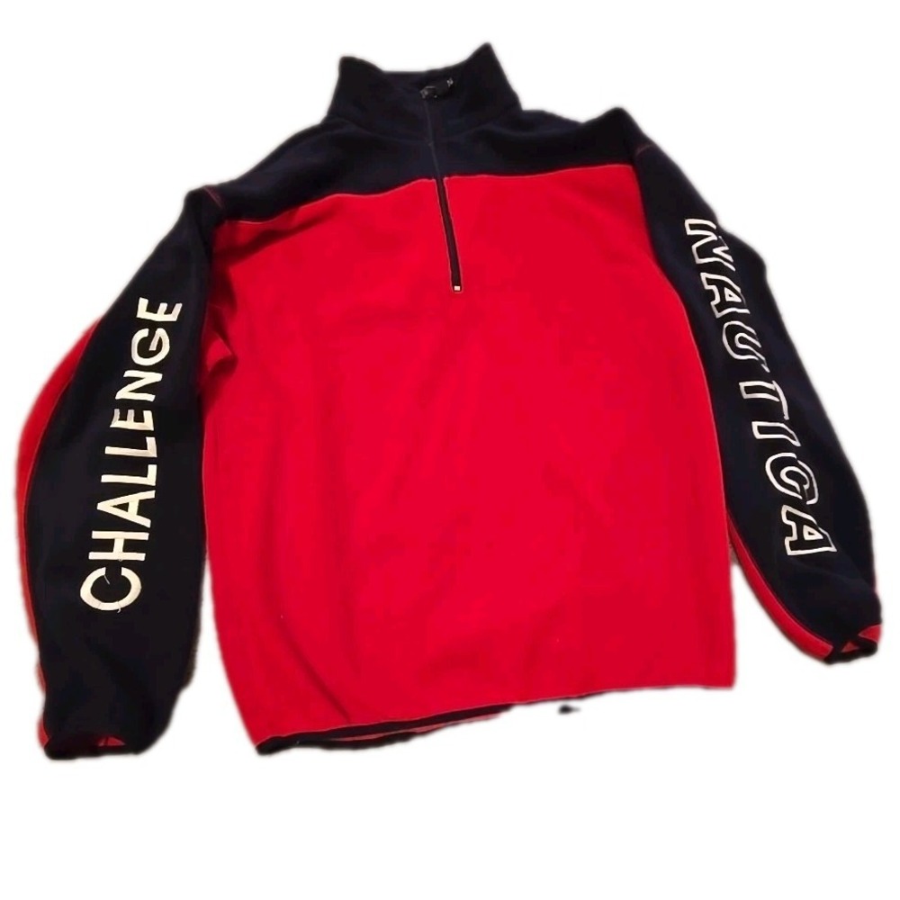 Vtg 90s Nautica Challenge Fleece Pullover Mens M Spell Out Nautech Sailing L